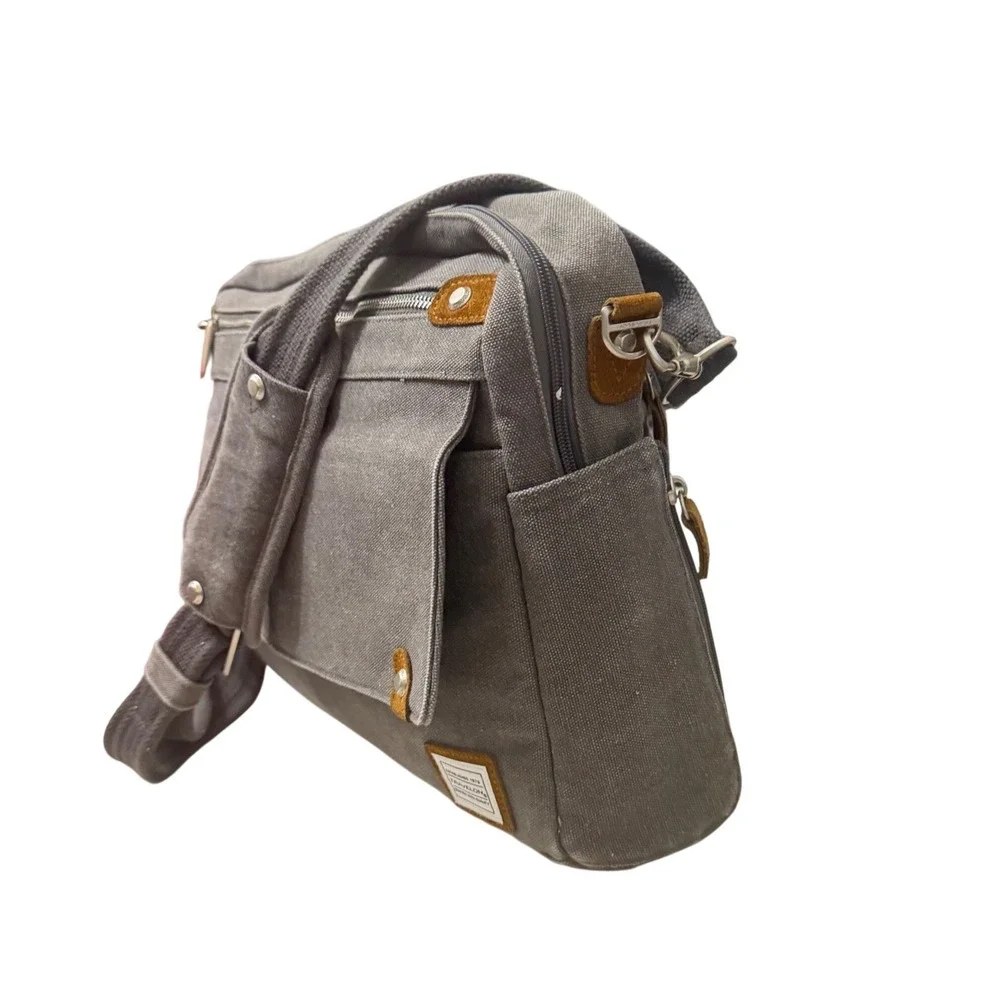 Travelon Anti Theft‎ Messenger Bag Pewter Canvas Crossbody Laptop Bag